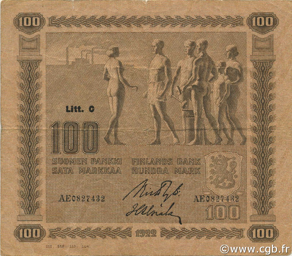 100 Markkaa FINLAND  1922 P.065a VF
