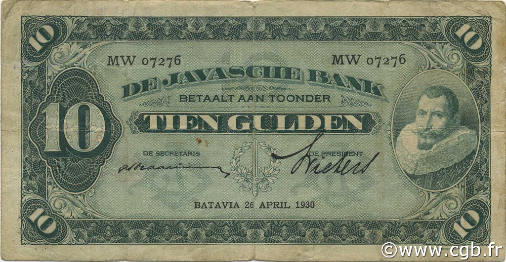 10 Gulden NETHERLANDS INDIES  1930 P.070b VG
