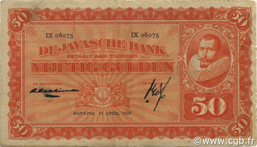 50 Gulden NETHERLANDS INDIES  1929 P.072c F