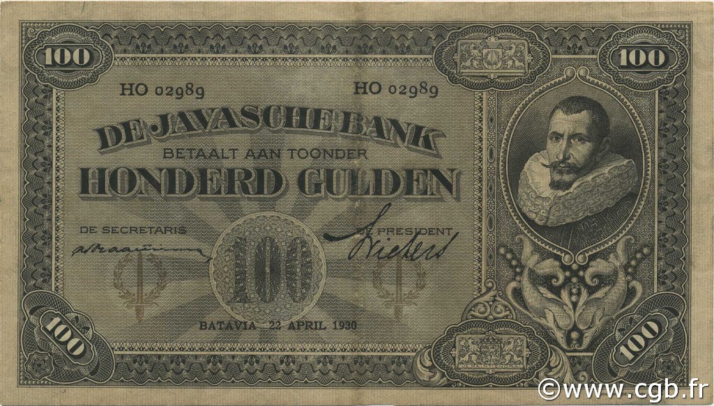 100 Gulden NETHERLANDS INDIES  1930 P.073c VF+