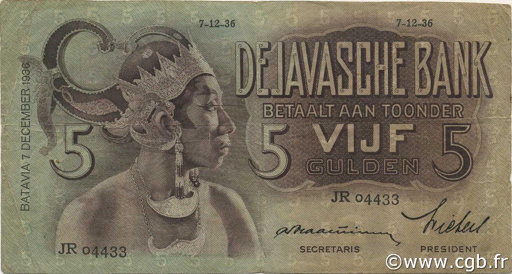 5 Gulden NETHERLANDS INDIES  1936 P.078a F+