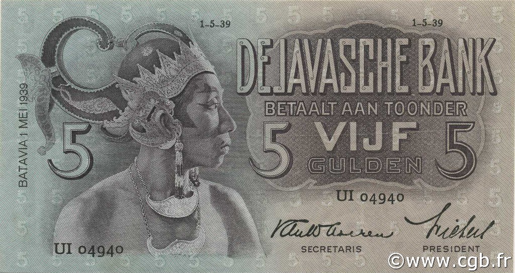 5 Gulden INDIAS NEERLANDESAS  1939 P.078c MBC+