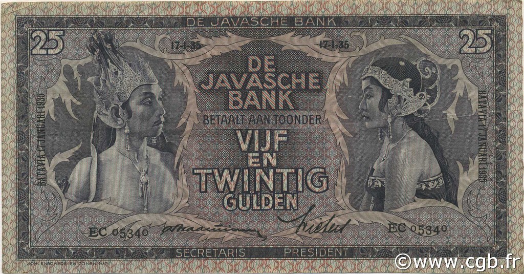25 Gulden INDIAS NEERLANDESAS  1935 P.080a MBC