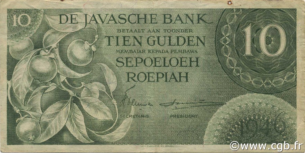 10 Gulden NETHERLANDS INDIES  1946 P.089 F+