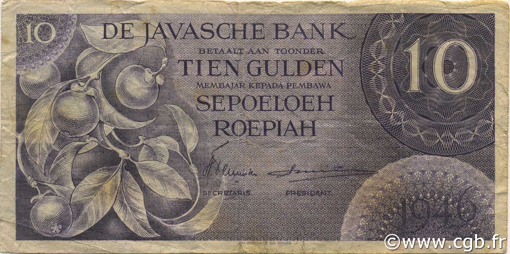 10 Gulden NETHERLANDS INDIES  1946 P.090 F-