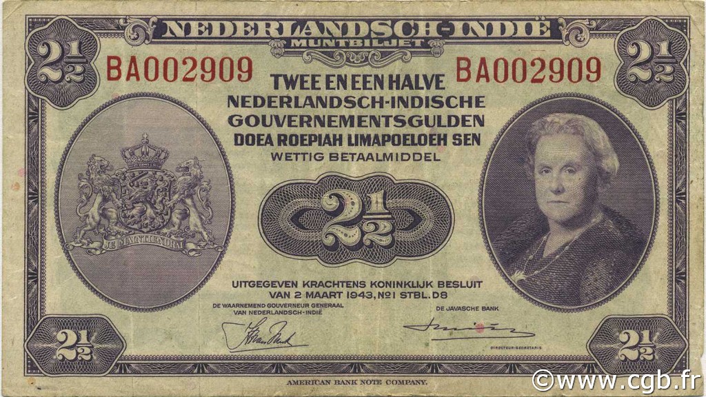 2,5 Gulden INDIAS NEERLANDESAS  1943 P.112a MBC
