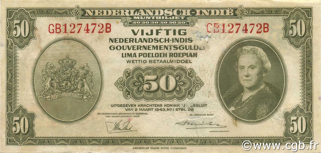 50 Gulden INDIAS NEERLANDESAS  1943 P.116a RC