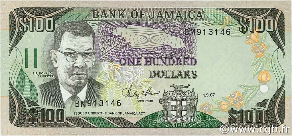 100 Dollars JAMAICA  1987 P.74 UNC