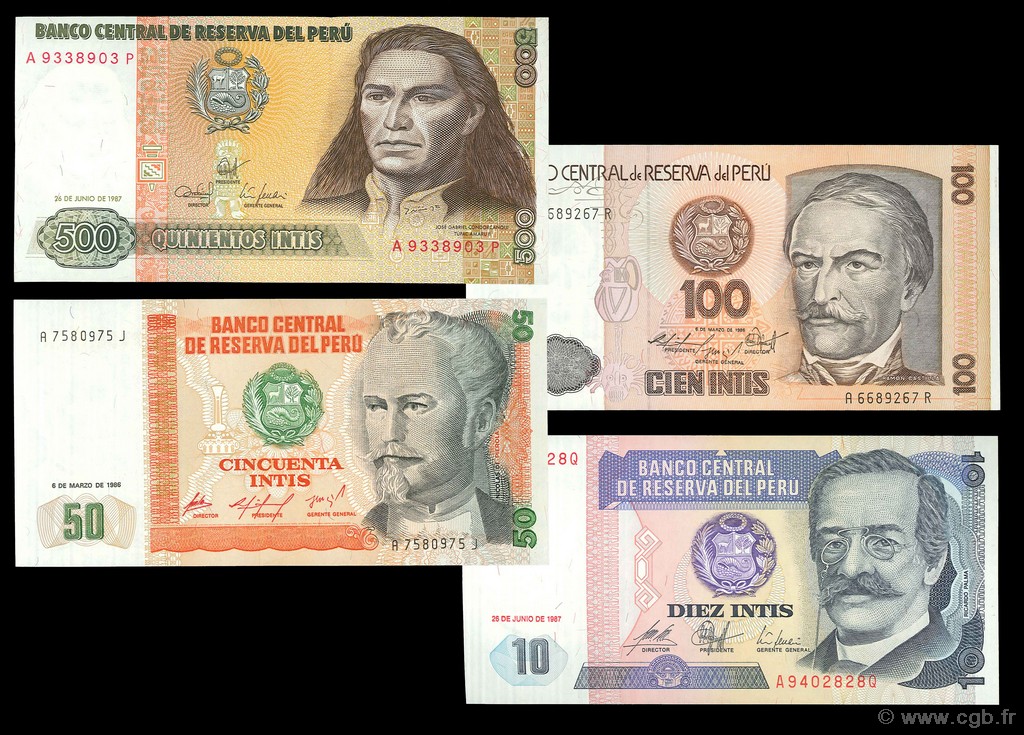 Lot de 4 billets Monde  PERú  1987 P.129-131-132-134 FDC