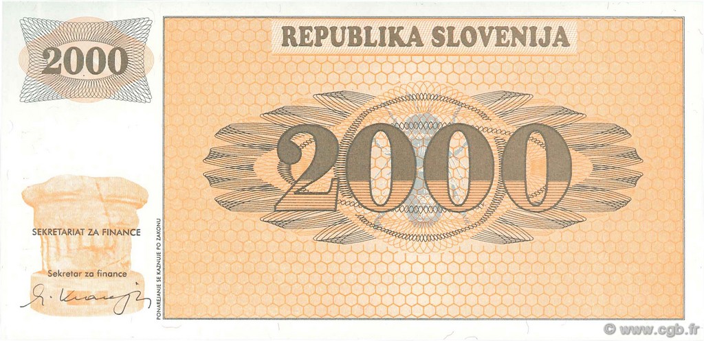 2000 Tolarjev SLOVENIA  1991 P.09A UNC