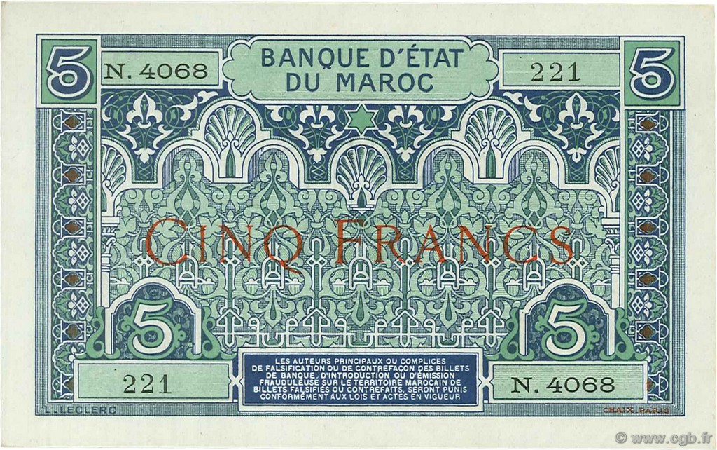 5 Francs MOROCCO  1923 P.09 XF+
