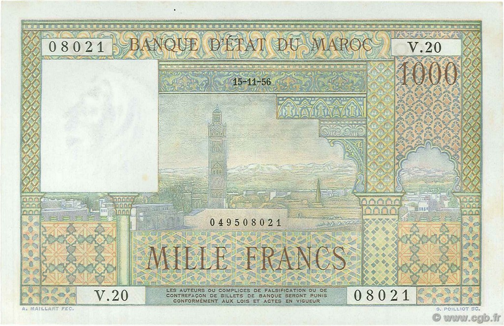1000 Francs MAROCCO  1956 P.47 q.FDC