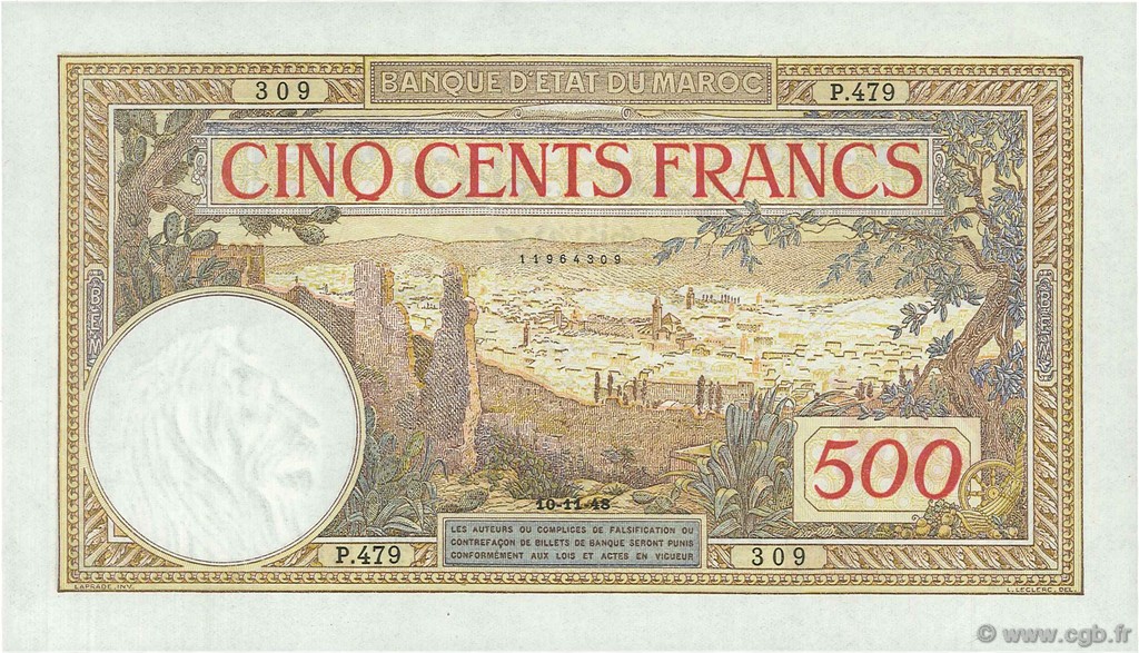500 Francs MAROCCO  1948 P.15b q.FDC