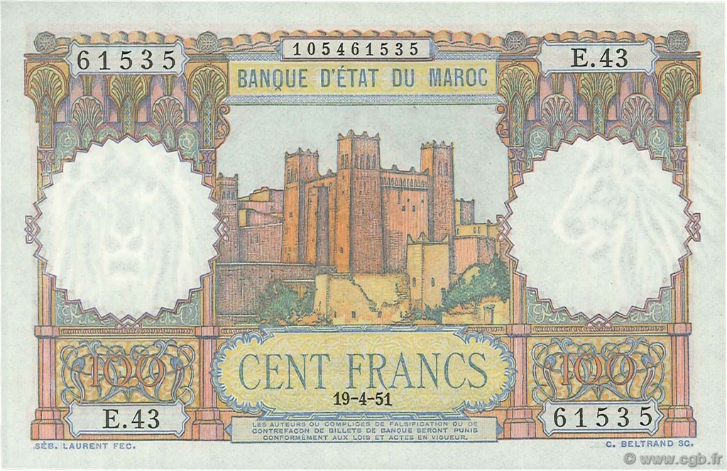 100 Francs MAROCCO  1951 P.45 SPL+