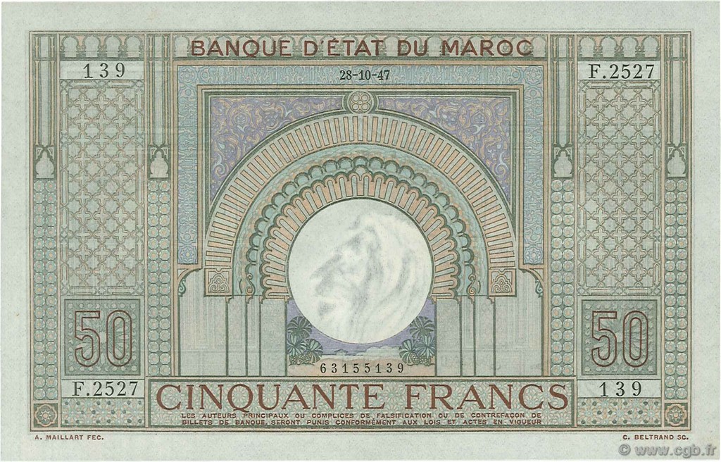 50 Francs MAROCCO  1947 P.21 AU+
