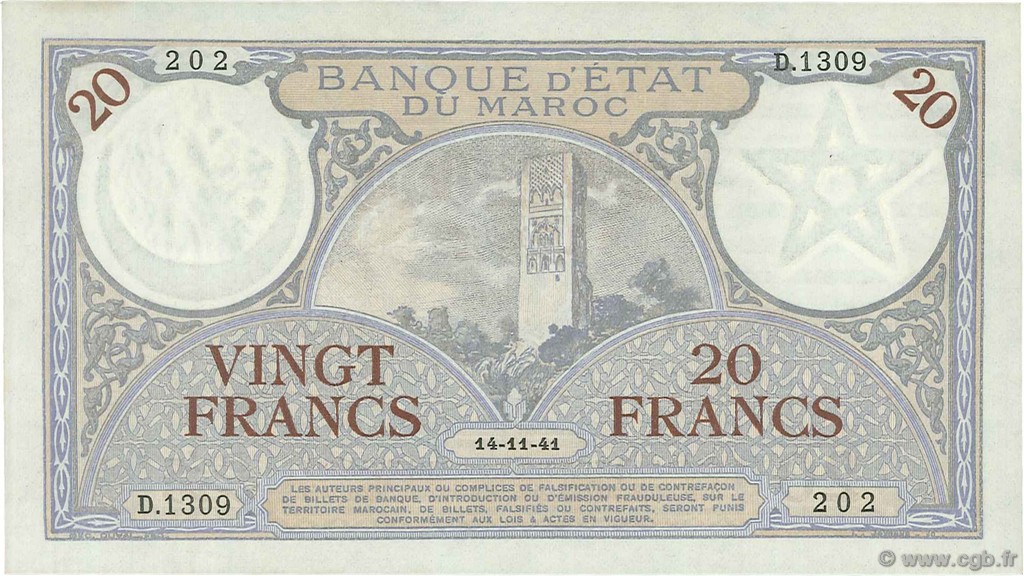 20 Francs MAROCCO  1941 P.18b q.FDC
