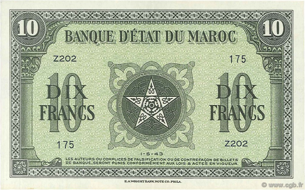 10 Francs MAROKKO  1943 P.25 fST