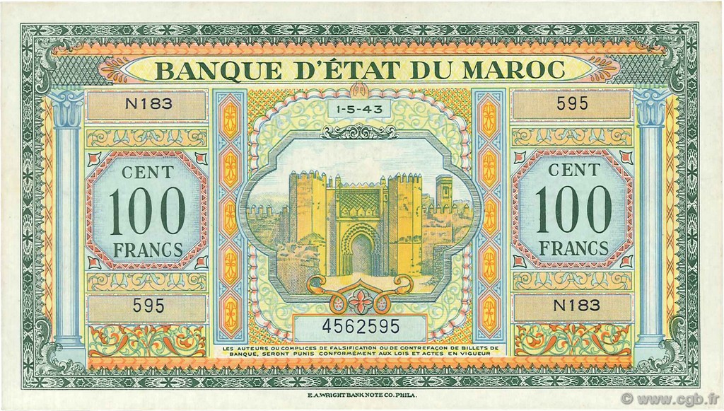 100 Francs MOROCCO  1943 P.27 XF+