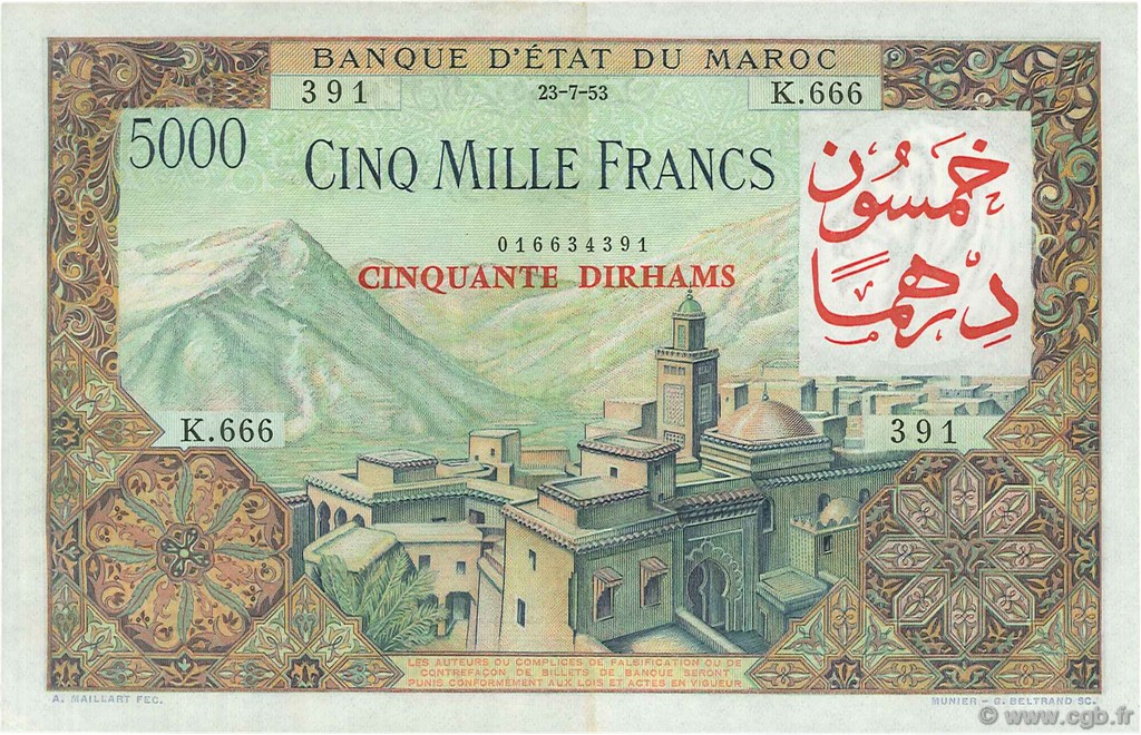 50 Dirhams sur 5000 Francs MAROCCO  1953 P.51 q.AU