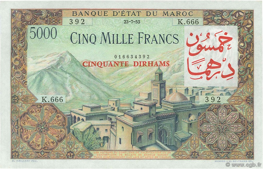 50 Dirhams sur 5000 Francs MARUECOS  1953 P.51 SC+