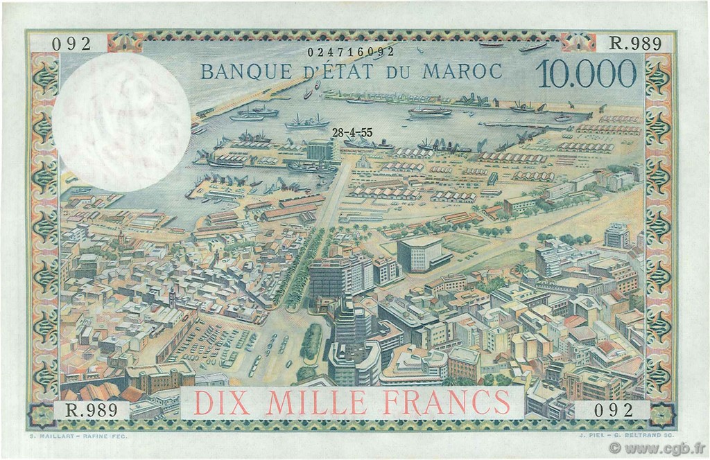 100 Dirhams sur 10000 Francs MARUECOS  1955 P.52 SC+