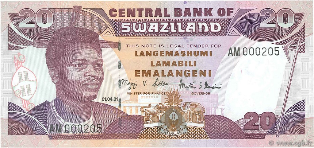 20 Emalangeni Petit numéro SWAZILAND  2001 P.30a FDC