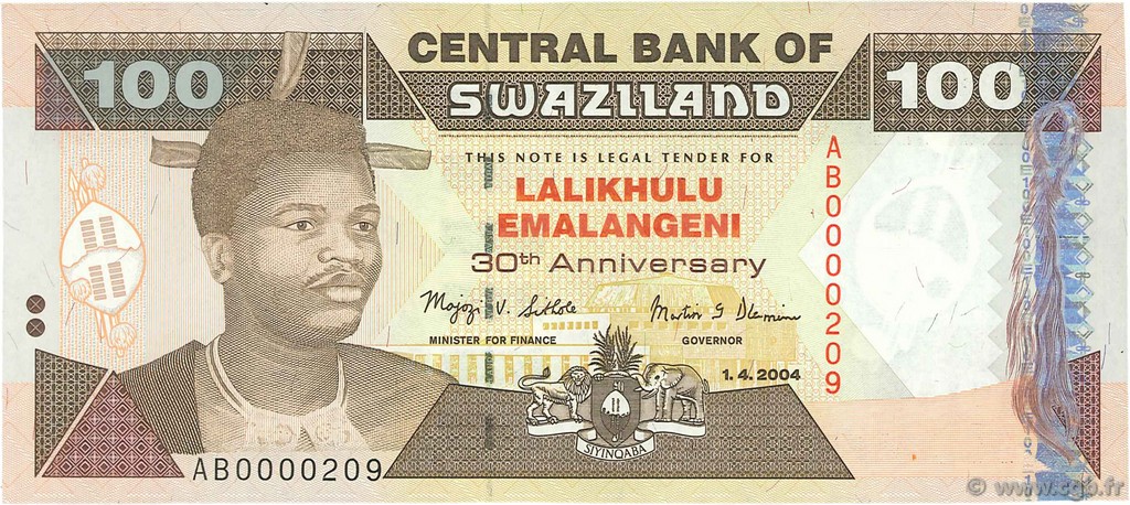 100 Emalangeni Petit numéro SWASILAND  2004 P.33 ST