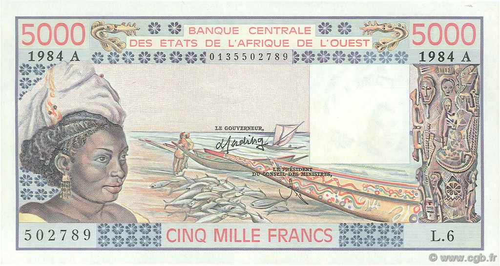 5000 Francs STATI AMERICANI AFRICANI  1984 P.108Al q.FDC