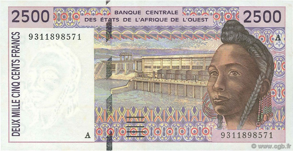 2500 Francs WEST AFRICAN STATES  1993 P.112Ab AU