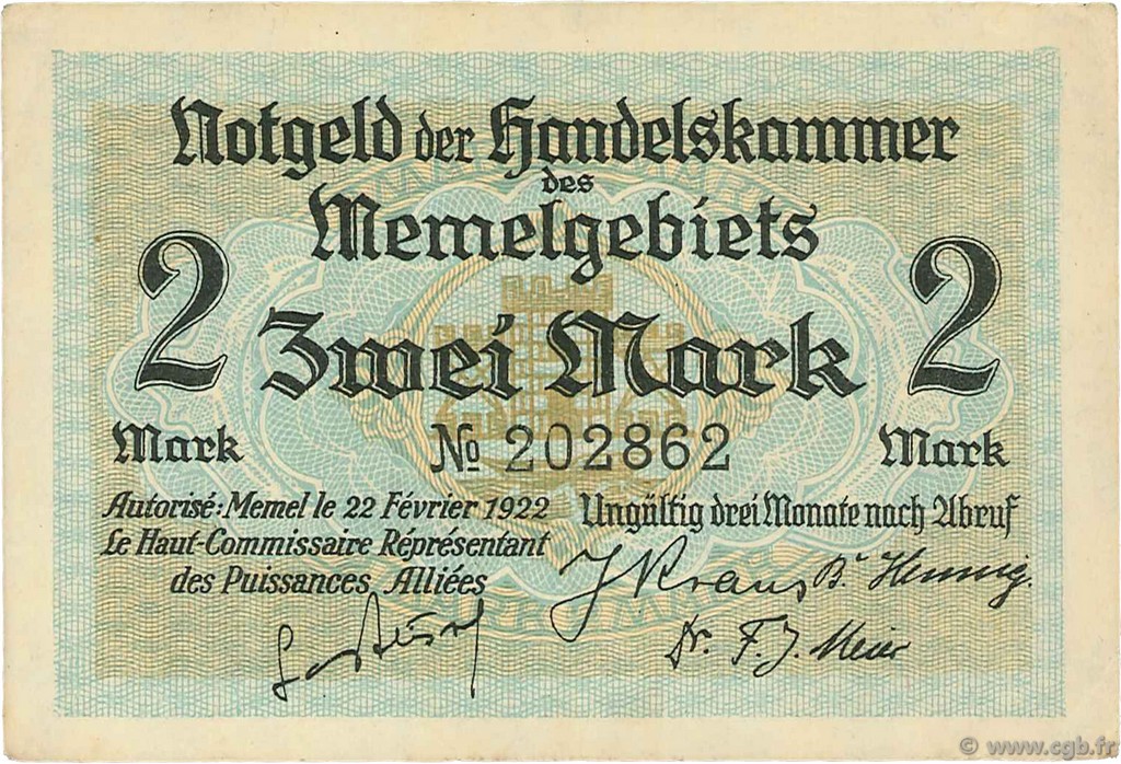 2 Mark MEMEL  1922 P.03a SPL