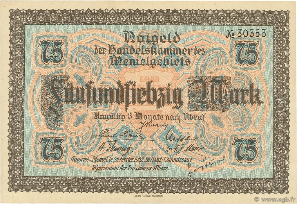 75 Mark MEMEL  1922 P.08 EBC+