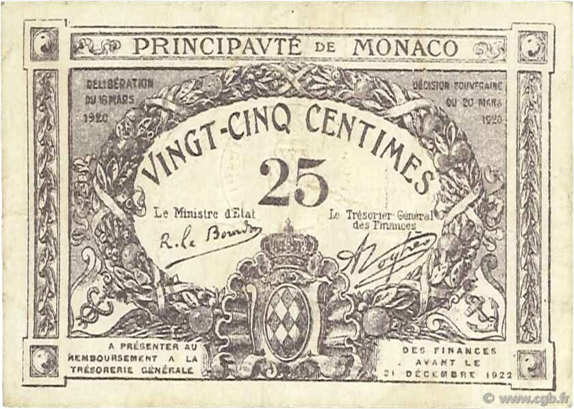 25 Centimes MONACO  1921 P.02b q.BB