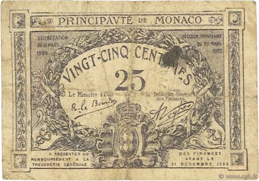 25 Centimes MONACO  1921 P.02c fS