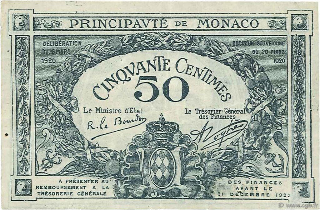 50 Centimes MONACO  1920 P.03a VF