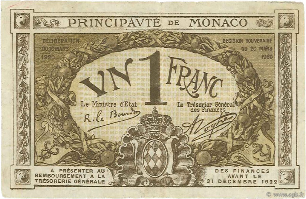 1 Franc MONACO  1920 P.04a VF