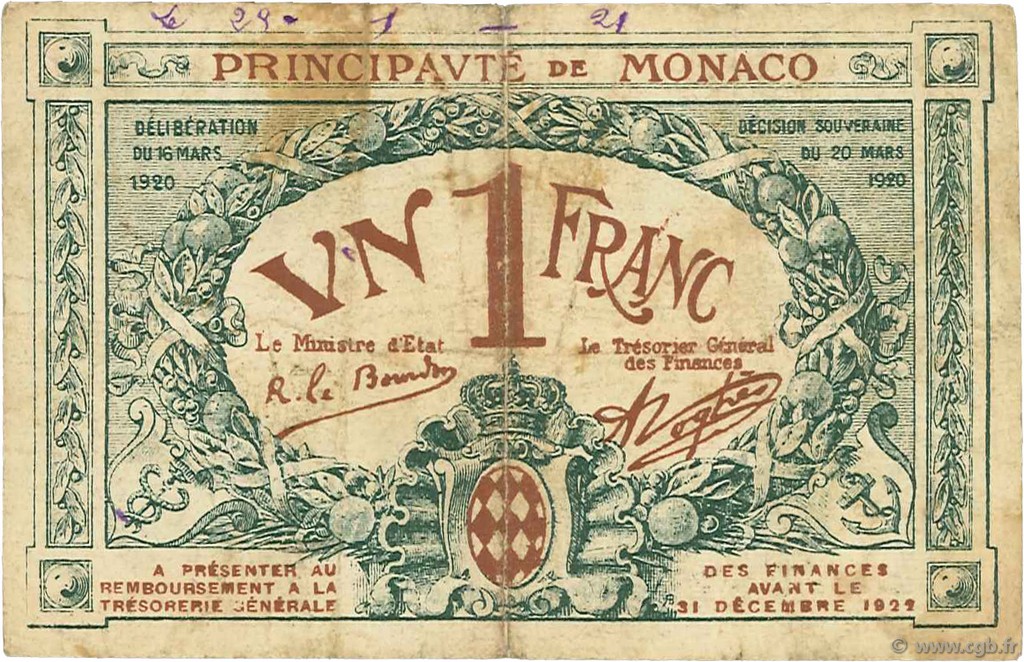 1 Franc MONACO  1920 P.05 VG
