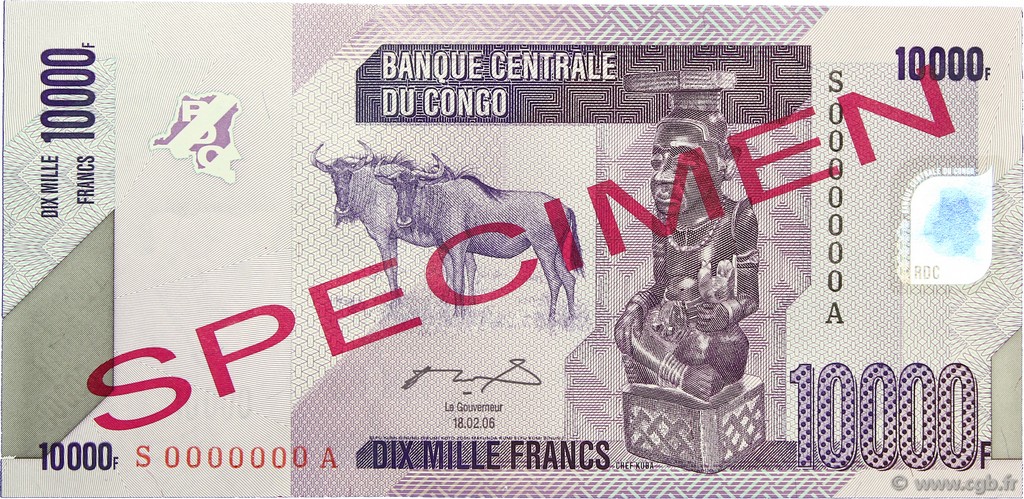 10000 Francs Spécimen REPUBBLICA DEMOCRATICA DEL CONGO  2012 P.103s FDC