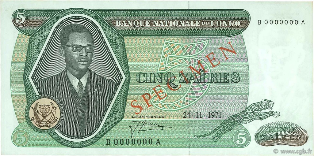 5 Zaïres Spécimen CONGO, DEMOCRATIC REPUBLIC  1971 P.014s UNC-