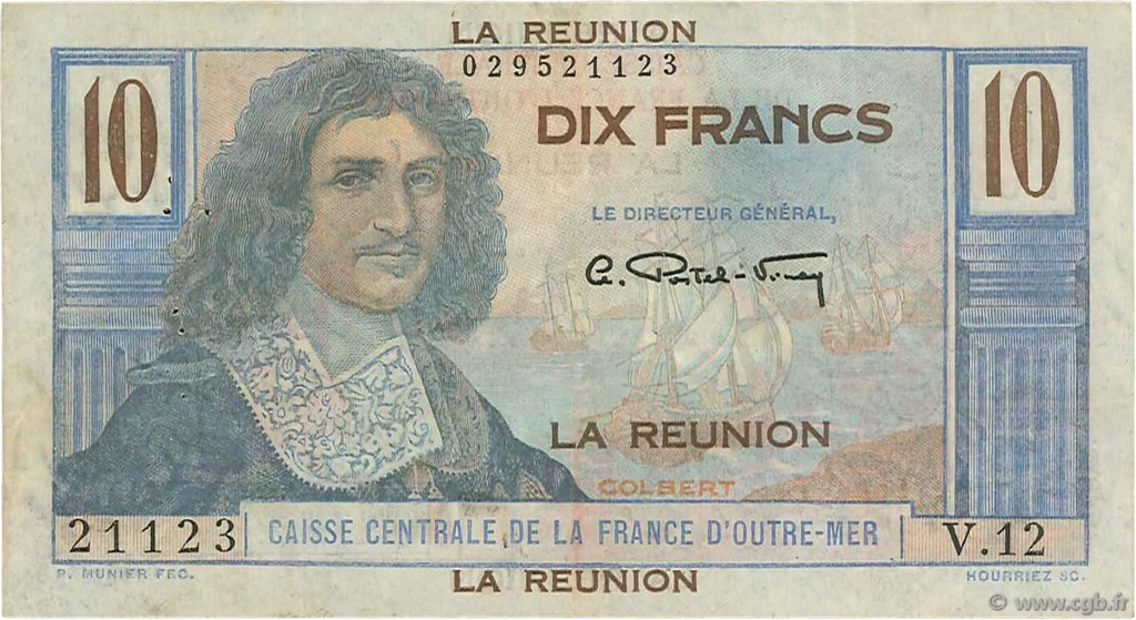 10 Francs Colbert ISOLA RIUNIONE  1946 P.42a BB
