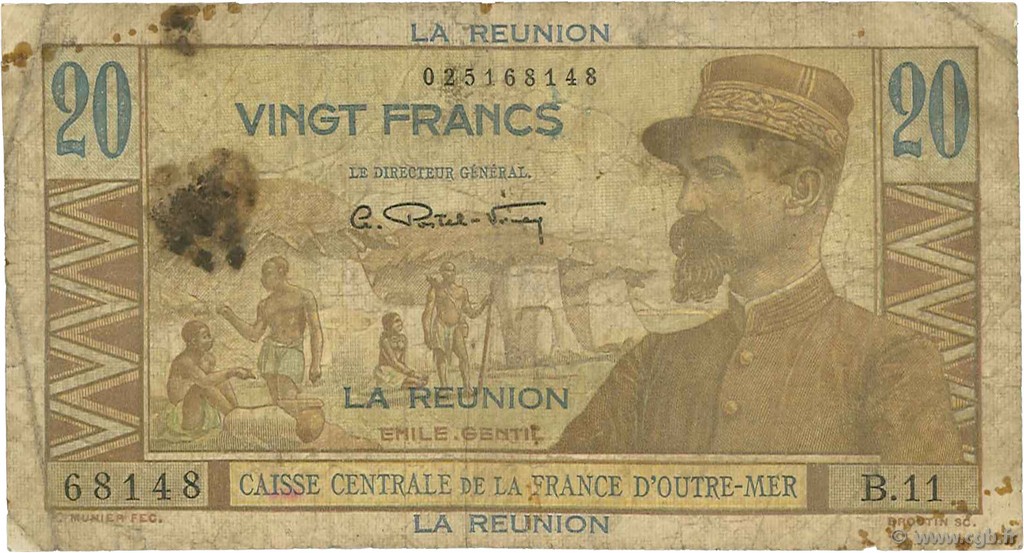 20 Francs Émile Gentil ISLA DE LA REUNIóN  1946 P.43a RC