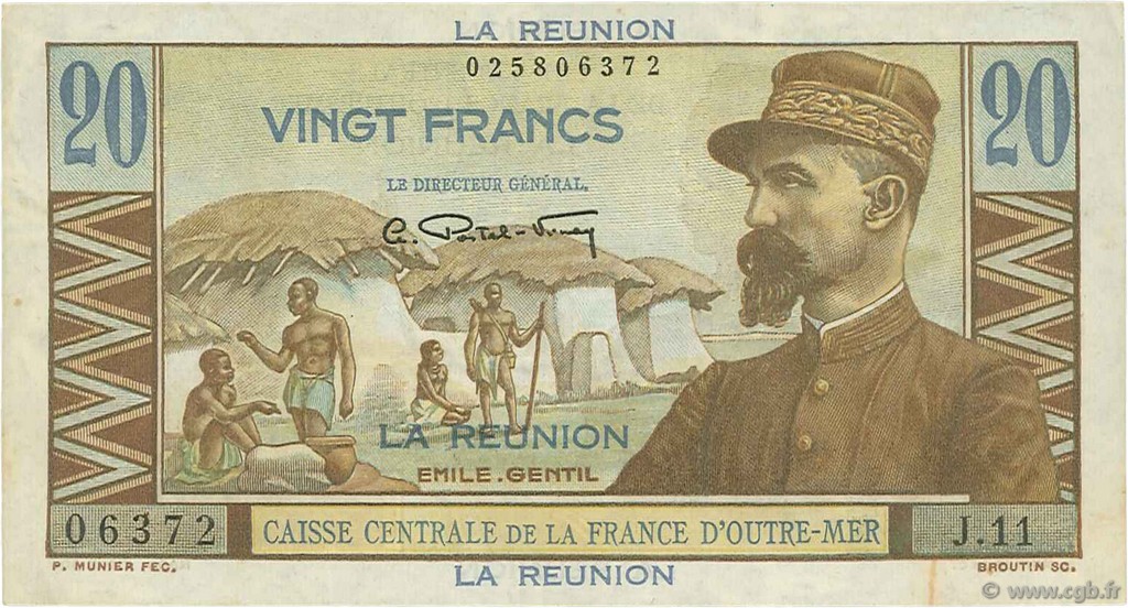 20 Francs Émile Gentil REUNION ISLAND  1946 P.43a VF+