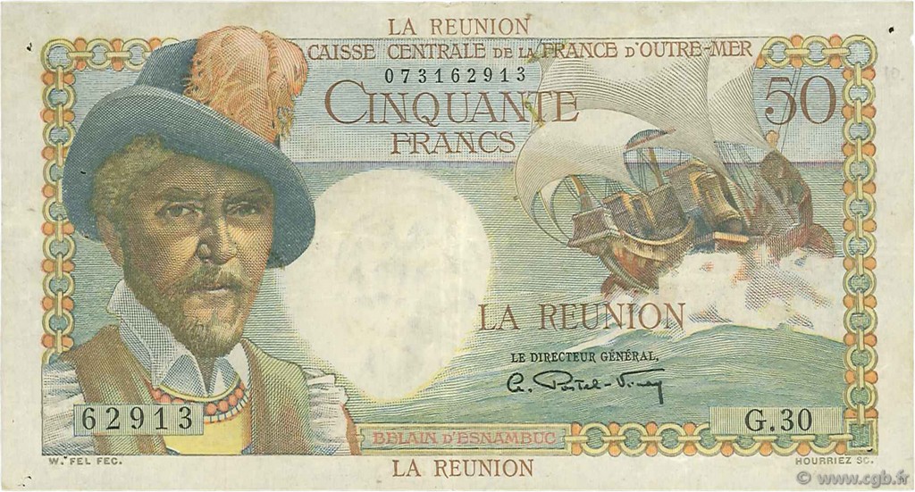 50 Francs Belain d Esnambuc ISLA DE LA REUNIóN  1946 P.44a MBC