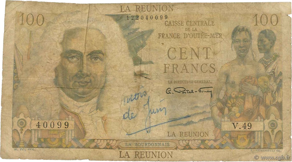 100 Francs La Bourdonnais REUNION INSEL  1946 P.45a fSGE