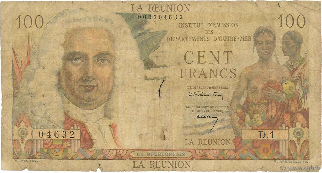 100 Francs La Bourdonnais REUNION ISLAND  1960 P.49a P