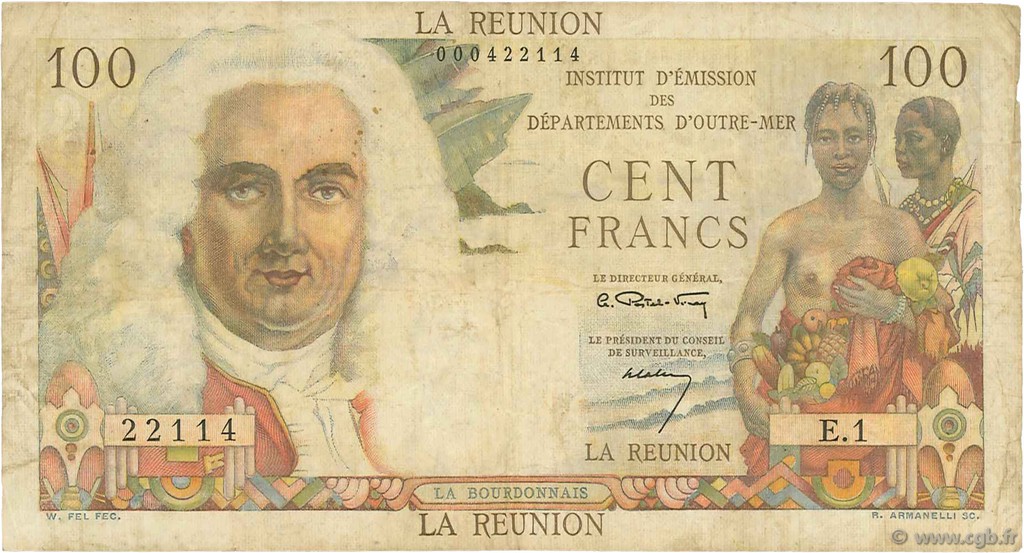 100 Francs La Bourdonnais ISLA DE LA REUNIóN  1960 P.49a BC