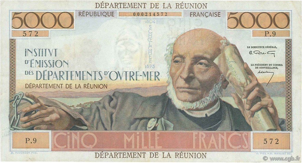 5000 Francs Schoelcher REUNION ISLAND  1964 P.53a VF