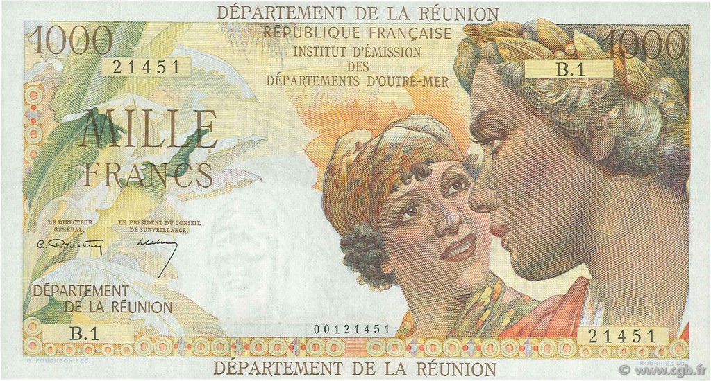 1000 Francs Union Française REUNION ISLAND  1964 p.52a XF+