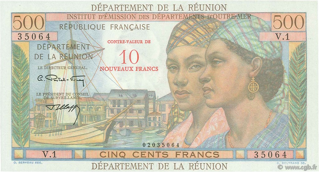 10 NF sur 500 Francs Pointe à Pitre ISOLA RIUNIONE  1971 P.54b AU+