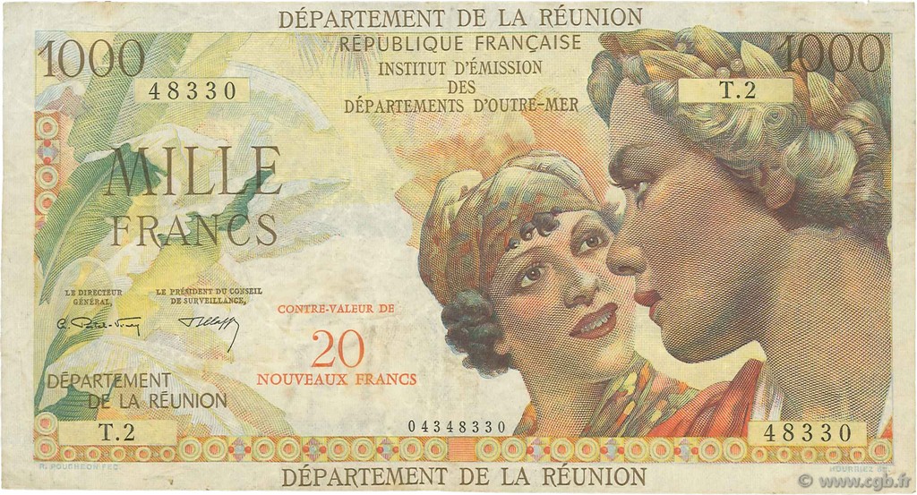 20 NF sur 1000 Francs Union Française REUNION ISLAND  1971 P.55b F+