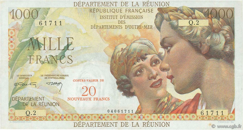 20 NF sur 1000 Francs Union Française REUNION INSEL  1971 P.55b fVZ